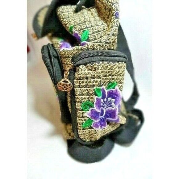 Embroidered Floral Backpack Small Zip Pockets Purple Flower Drawstring Gift NEW - Picture 3 of 4